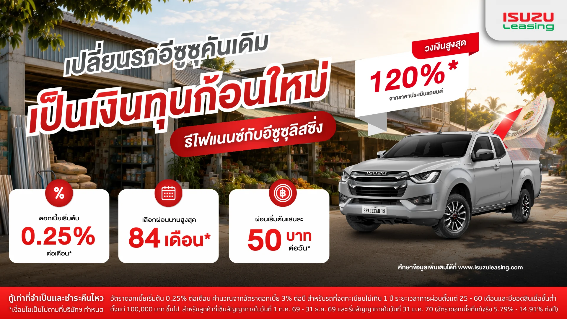 รีไฟแนนซ์กับอีซูซุลิสซิ่ง รีไฟแนนซ์กับอีซูซุลิสซิ่ง ผ่อนกับที่ไหนอยู่ก็ขอกู้ได้ ผ่อนเริ่มต้น 50 บาทต่อวัน*